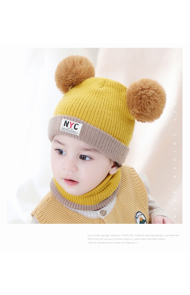 เซ็ตหมวกไหมพรมสีทูโทน แต่งป้ายอักษร NYC มาพร้อมผ้าสวมคอ