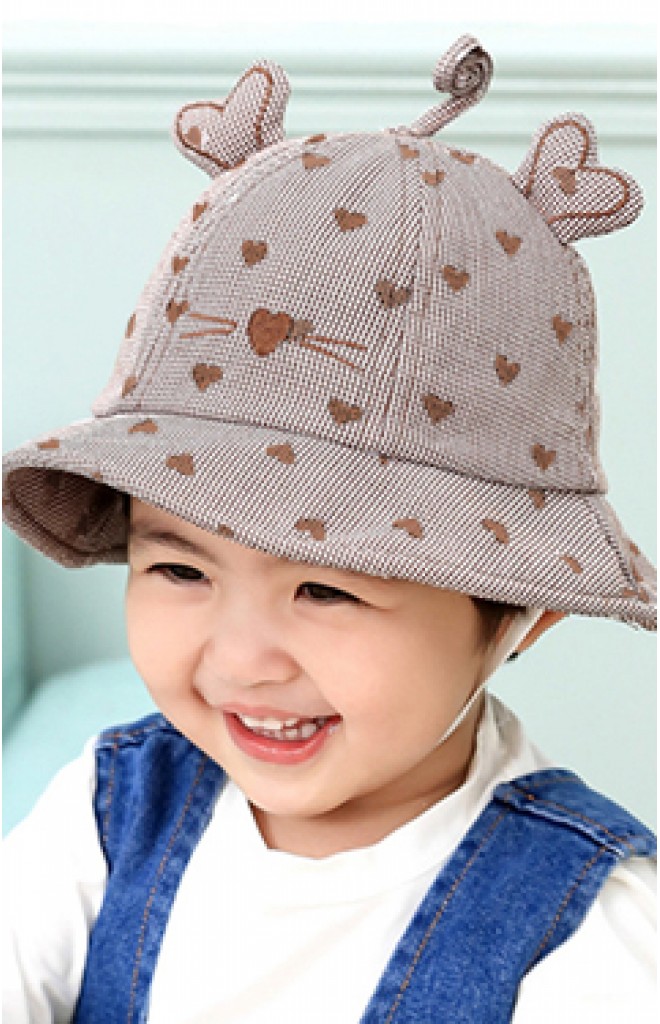 หมวกบักเก็ตปักหน้าแมวลายหัวใจ ด้านบนแต่งหาง หมวกบักเก็ตปักหน้าแมวลายหัวใจ ด้านบนแต่งหาง