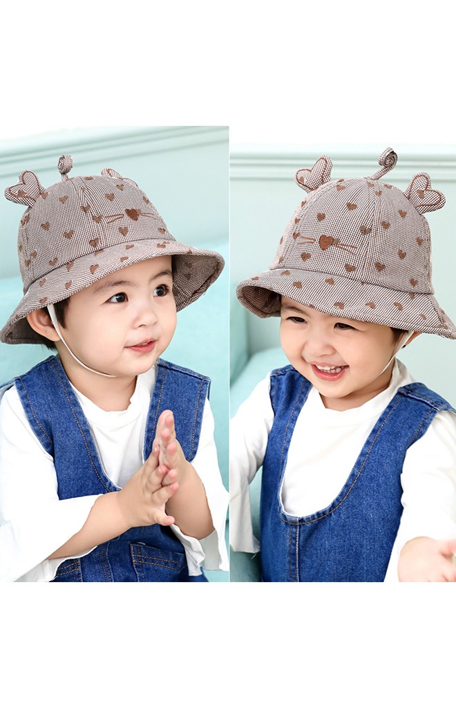 หมวกบักเก็ตปักหน้าแมวลายหัวใจ ด้านบนแต่งหาง