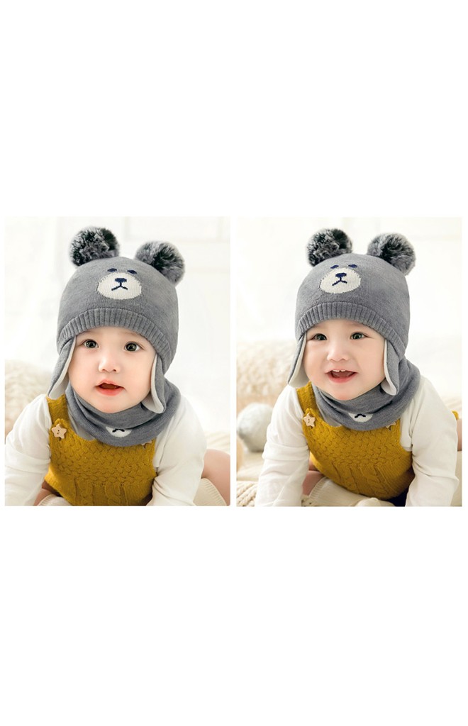 เซ็ตหมวกหมีน้อยแต่งปอมขนมิ้งมาพร้อมผ้าสวมคอ GZMM