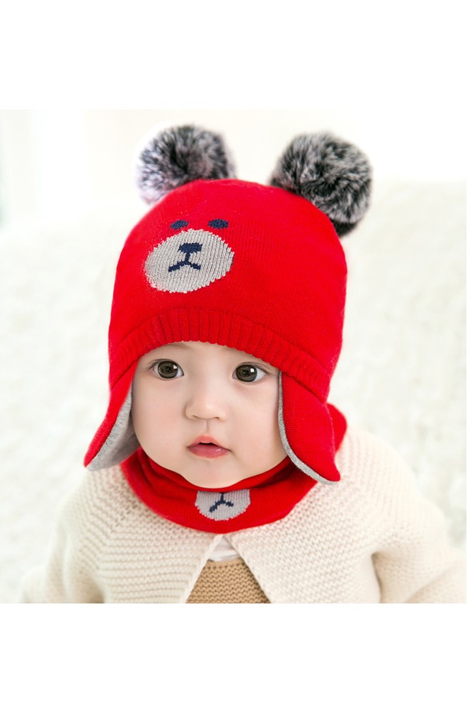 เซ็ตหมวกหมีน้อยแต่งปอมขนมิ้งมาพร้อมผ้าสวมคอ GZMM