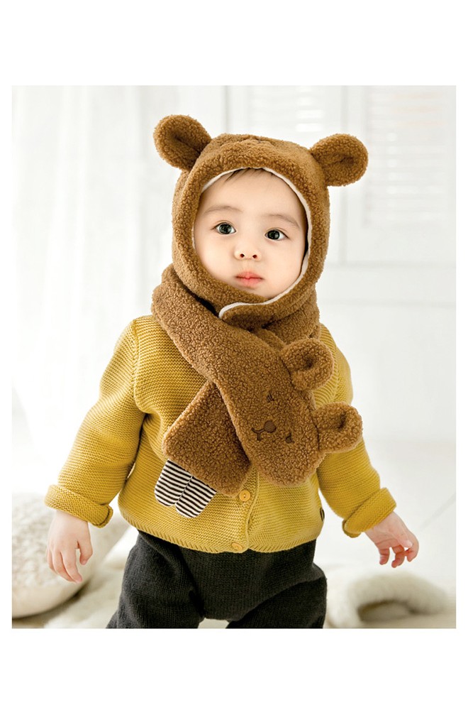 เซ็ตหมวกกันหนาวเด็กหมีน้อยขนฟูน่ารัก มาพร้อมผ้าพันคอ GZMM