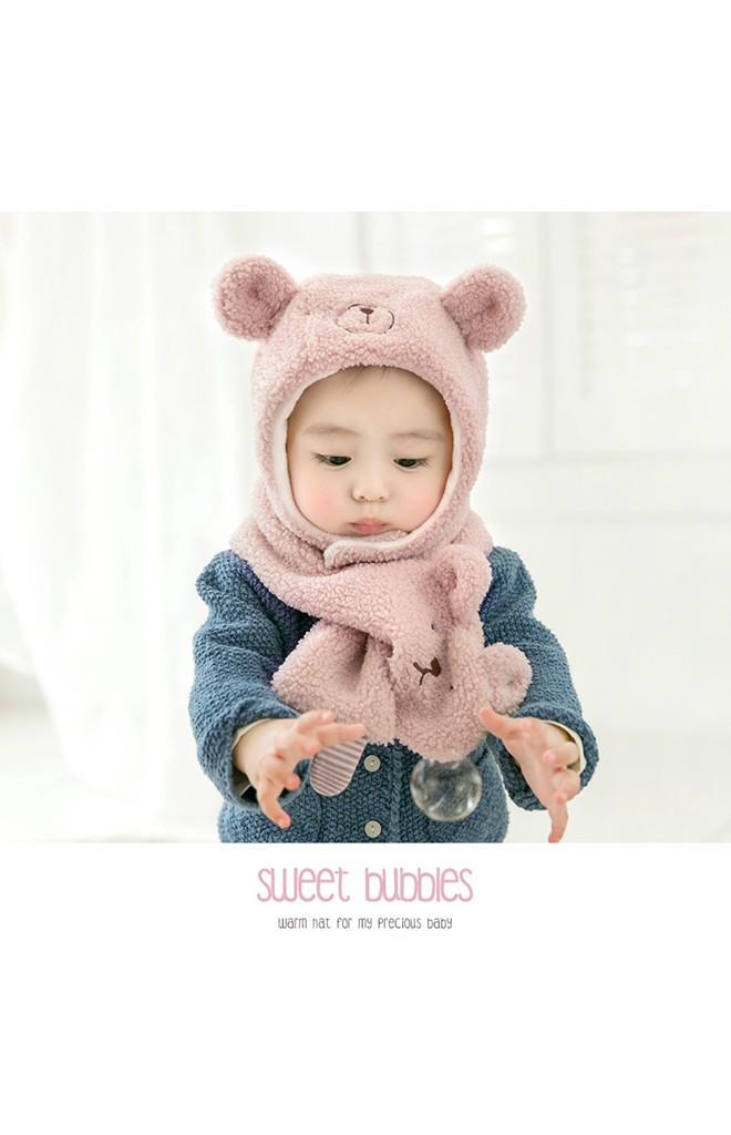 เซ็ตหมวกกันหนาวเด็กหมีน้อยขนฟูน่ารัก มาพร้อมผ้าพันคอ GZMM