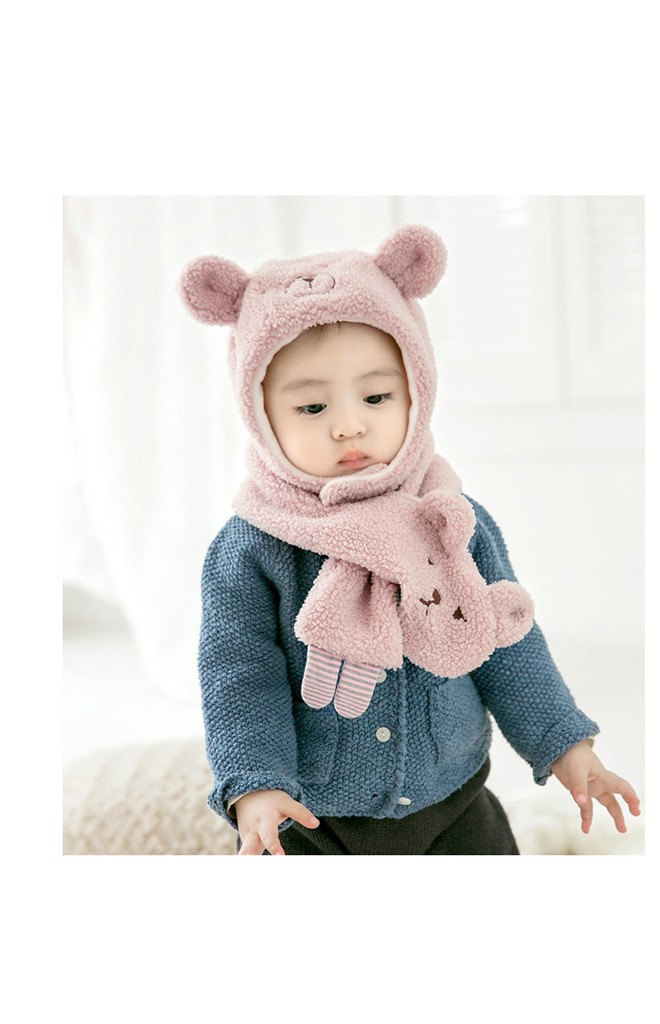 เซ็ตหมวกกันหนาวเด็กหมีน้อยขนฟูน่ารัก มาพร้อมผ้าพันคอ GZMM