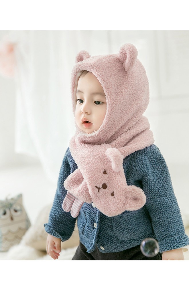 เซ็ตหมวกกันหนาวเด็กหมีน้อยขนฟูน่ารัก มาพร้อมผ้าพันคอ GZMM
