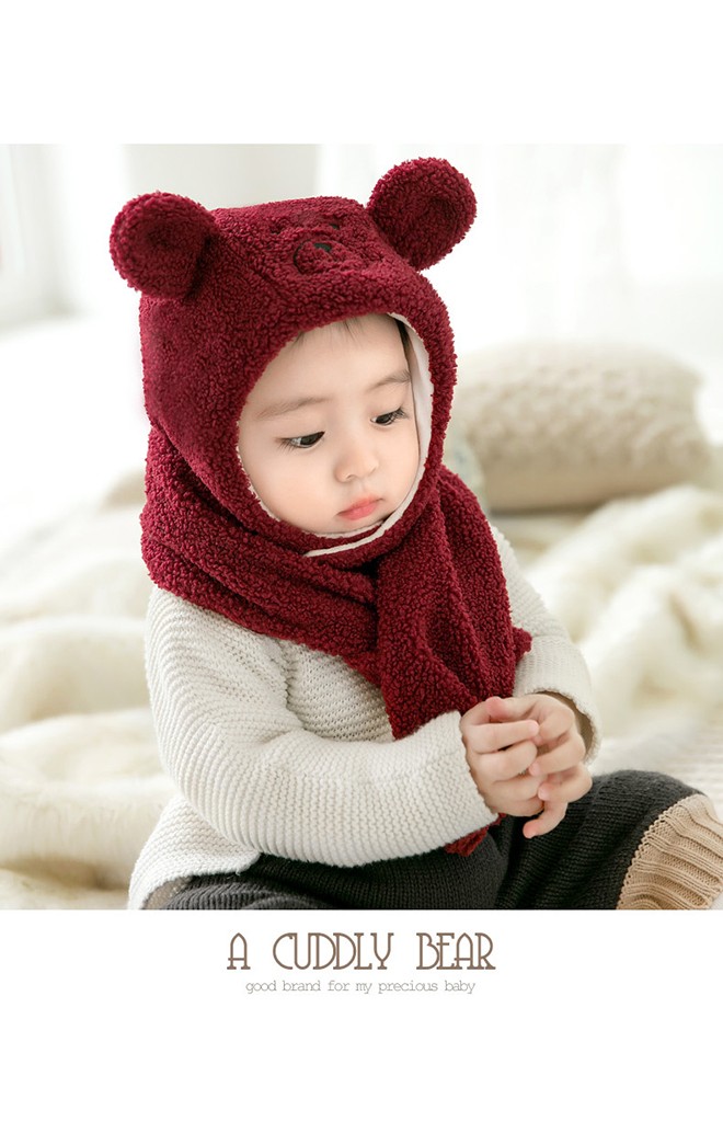 เซ็ตหมวกกันหนาวเด็กหมีน้อยขนฟูน่ารัก มาพร้อมผ้าพันคอ GZMM