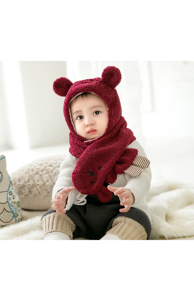 เซ็ตหมวกกันหนาวเด็กหมีน้อยขนฟูน่ารัก มาพร้อมผ้าพันคอ GZMM