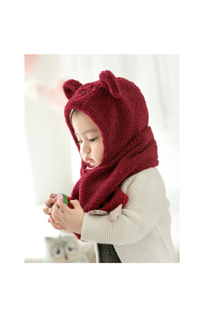 เซ็ตหมวกกันหนาวเด็กหมีน้อยขนฟูน่ารัก มาพร้อมผ้าพันคอ GZMM