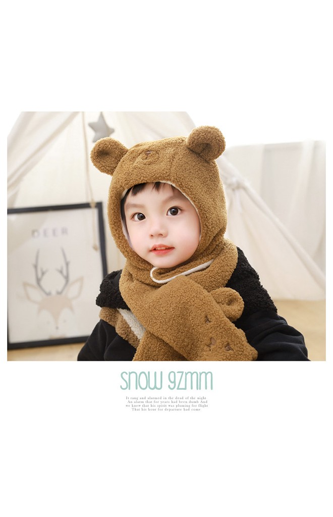 เซ็ตหมวกกันหนาวเด็กหมีน้อยขนฟูน่ารัก มาพร้อมผ้าพันคอ GZMM