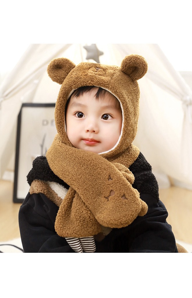 เซ็ตหมวกกันหนาวเด็กหมีน้อยขนฟูน่ารัก มาพร้อมผ้าพันคอ GZMM