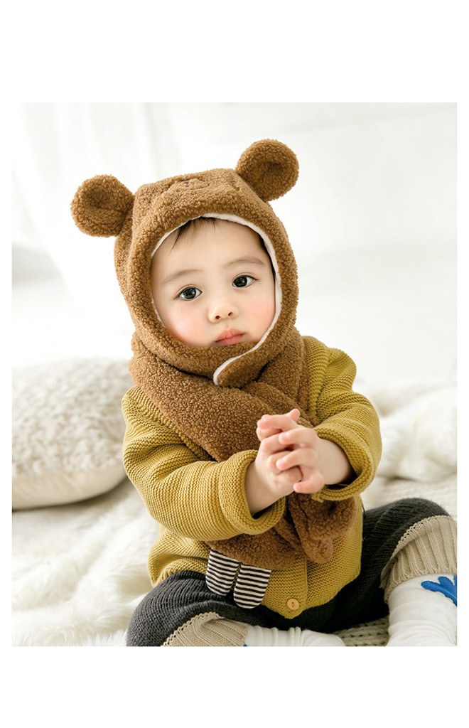 เซ็ตหมวกกันหนาวเด็กหมีน้อยขนฟูน่ารัก มาพร้อมผ้าพันคอ GZMM