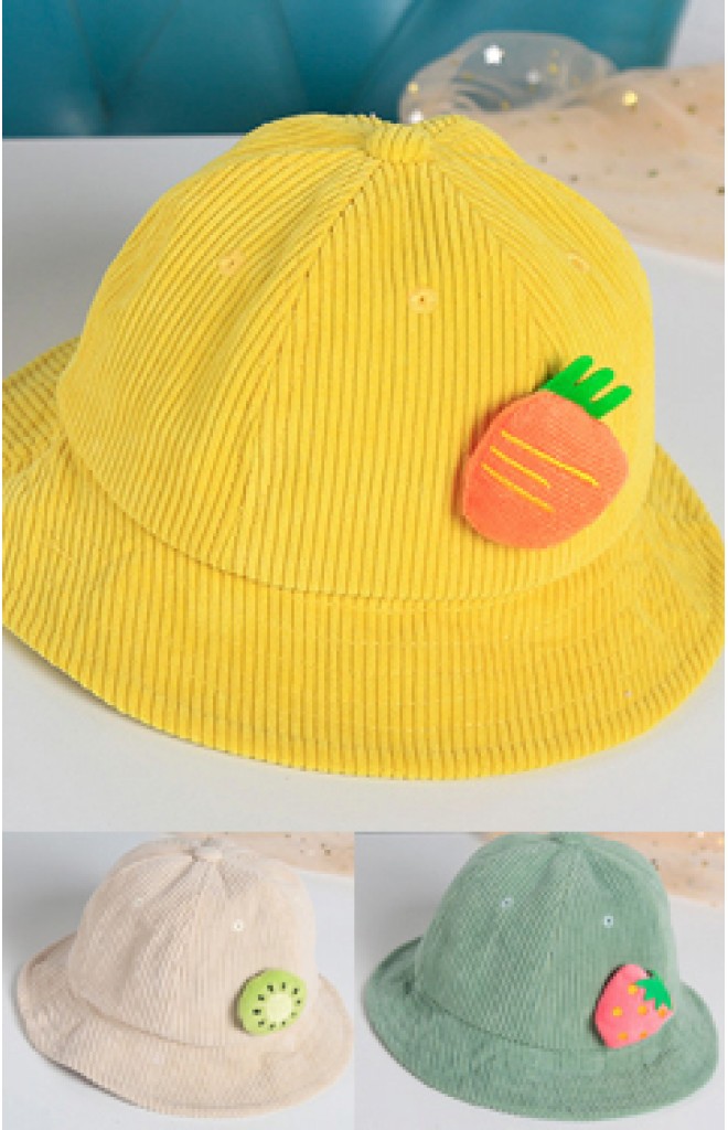 หมวก Bucket ผ้าลูกฟูกแต่งตุ๊กตาผลไม้ หมวก Bucket ผ้าลูกฟูกแต่งตุ๊กตาผลไม้
