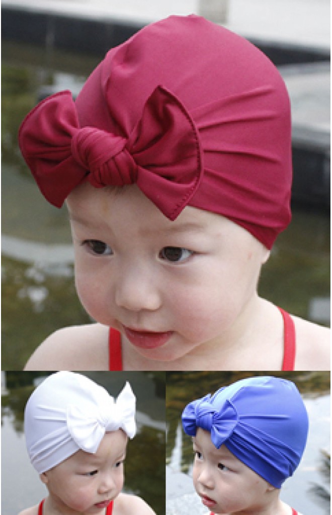 หมวกว่ายน้ำเด็กหญิงแบบสีพื้นผูกโบว์น่ารัก
