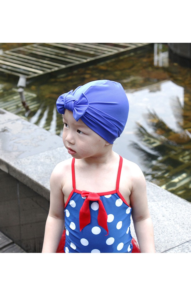 หมวกว่ายน้ำเด็กหญิงแบบสีพื้นผูกโบว์น่ารัก