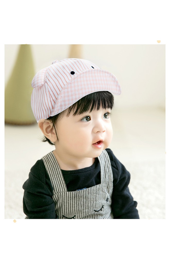 หมวกแก๊ปหมีลายทาง หูและใต้ปีกแต่งผ้าลายตาราง