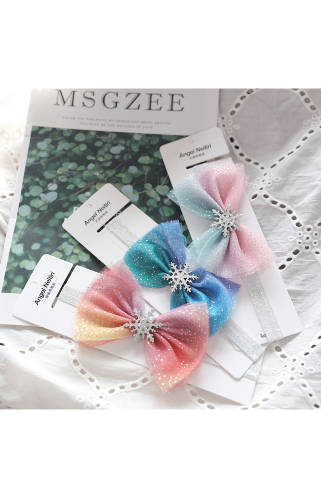ผ้าคาดผมโบว์ผ้าสีเหลือบเลื่อมกลางแต่งเกล็ดหิมะ Angel Neitiri