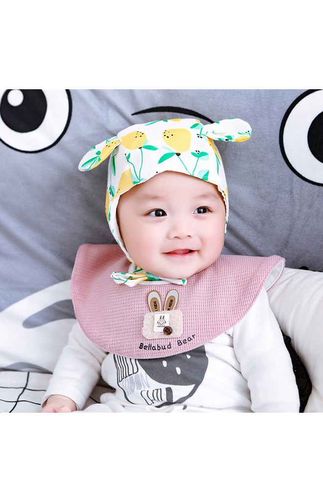 หมวกผูกคางแต่งหูเล็ก หมวกผ้าฝ้ายพิมพ์ลายน่ารัก