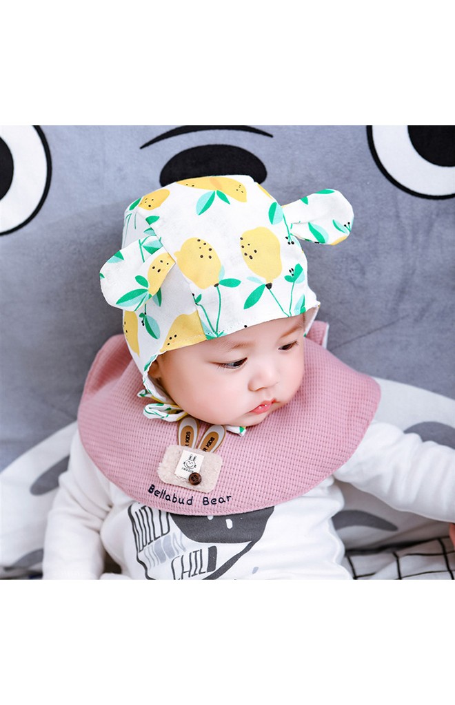 หมวกผูกคางแต่งหูเล็ก หมวกผ้าฝ้ายพิมพ์ลายน่ารัก