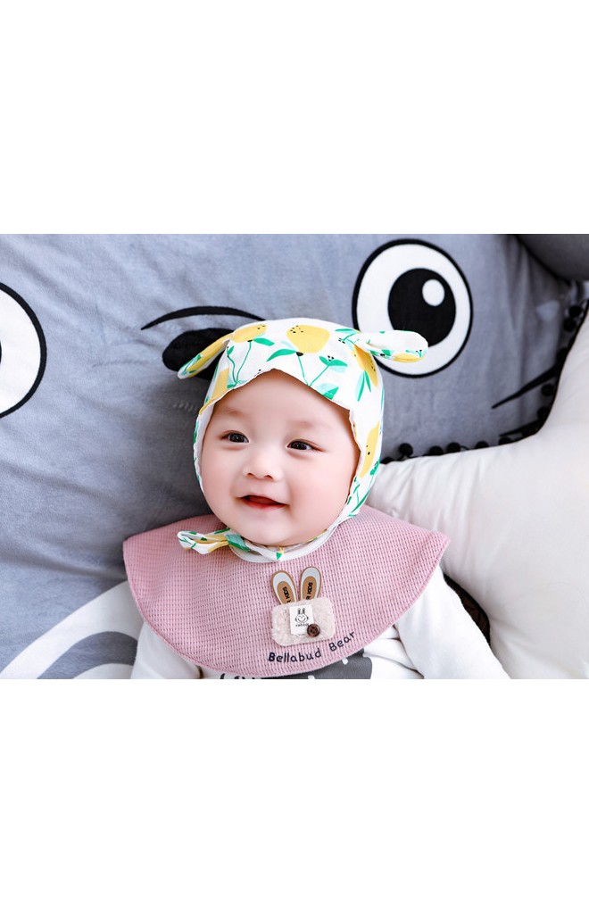 หมวกผูกคางแต่งหูเล็ก หมวกผ้าฝ้ายพิมพ์ลายน่ารัก