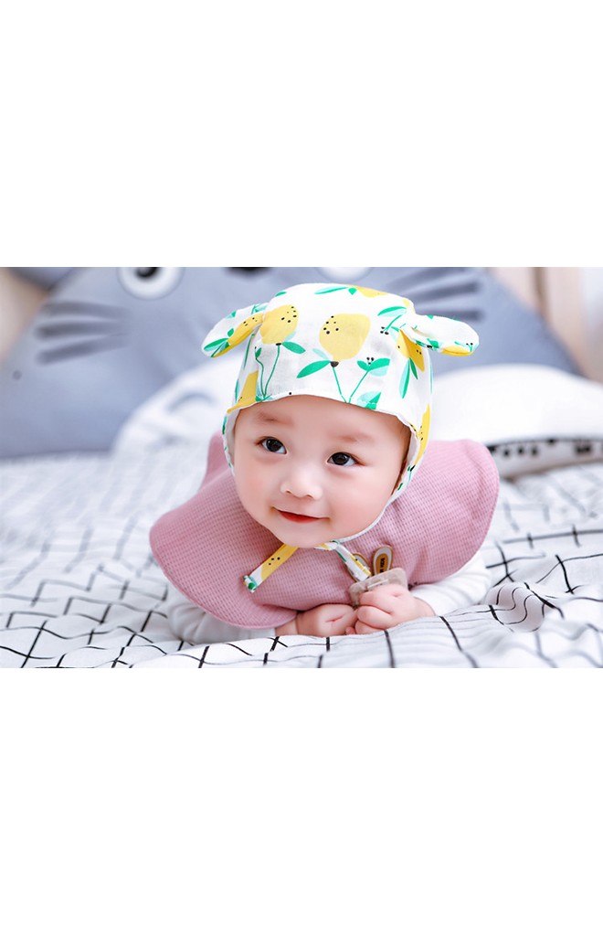 หมวกผูกคางแต่งหูเล็ก หมวกผ้าฝ้ายพิมพ์ลายน่ารัก