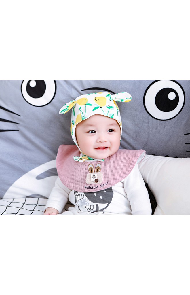 หมวกผูกคางแต่งหูเล็ก หมวกผ้าฝ้ายพิมพ์ลายน่ารัก