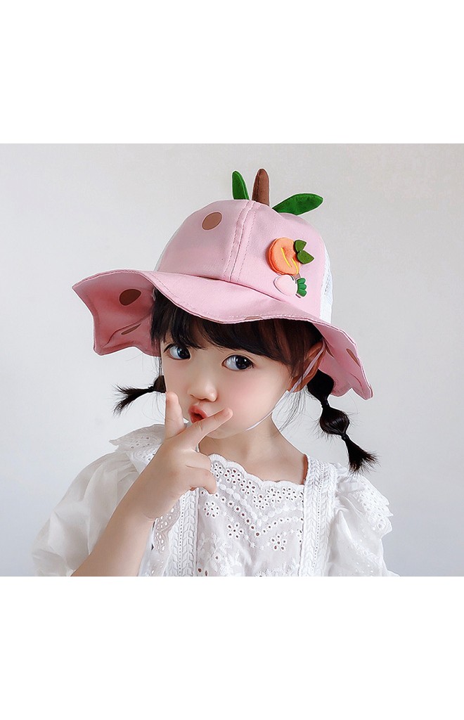 หมวกสตรอว์เบอร์รีแต่งแครอท ตัวหมวกผ้าสลับตาข่าย