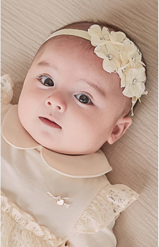 สายคาดผมดอกไม้สีเหลืองครีมแต่งลูกไม้หวาน สายคาดผมดอกไม้สีเหลืองครีมแต่งลูกไม้หวาน
