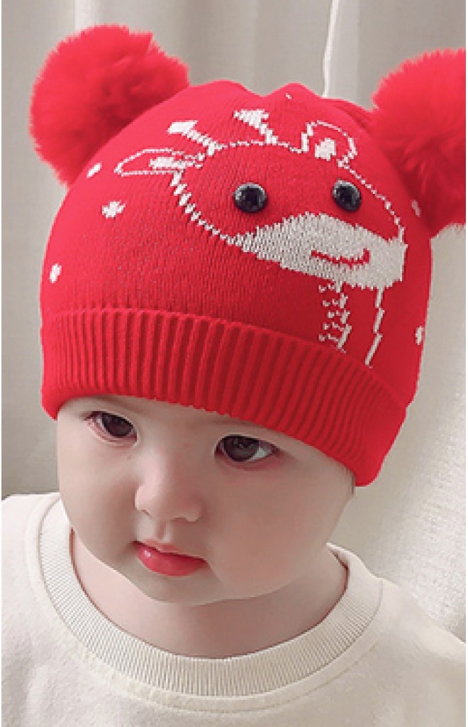 หมวกยีราฟน่ารักด้านบนแต่งปอมปอมขนมิ้ง หมวกยีราฟน่ารักด้านบนแต่งปอมปอมขนมิ้ง