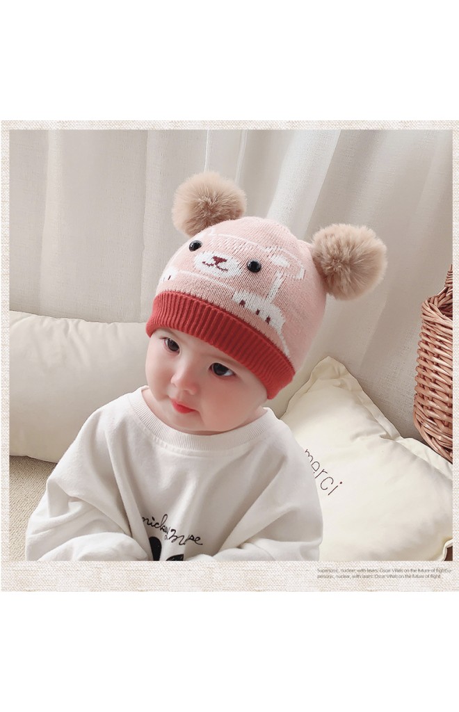 หมวกหมีน้อยน่ารักด้านบนแต่งปอมปอมขนมิ้ง