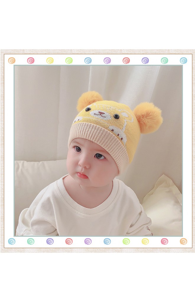 หมวกหมีน้อยน่ารักด้านบนแต่งปอมปอมขนมิ้ง