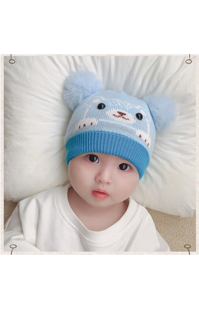 หมวกหมีน้อยน่ารักด้านบนแต่งปอมปอมขนมิ้ง