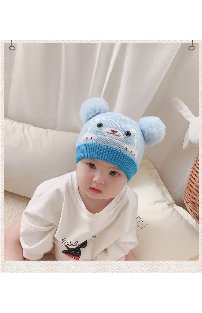 หมวกหมีน้อยน่ารักด้านบนแต่งปอมปอมขนมิ้ง