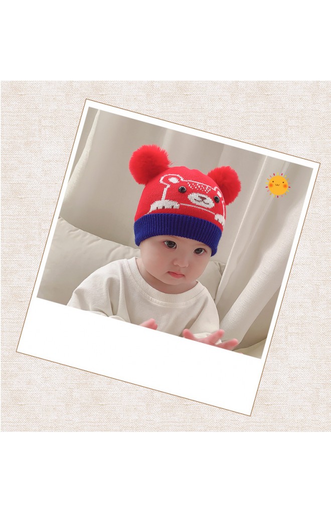 หมวกหมีน้อยน่ารักด้านบนแต่งปอมปอมขนมิ้ง