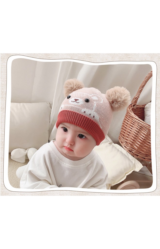 หมวกหมีน้อยน่ารักด้านบนแต่งปอมปอมขนมิ้ง