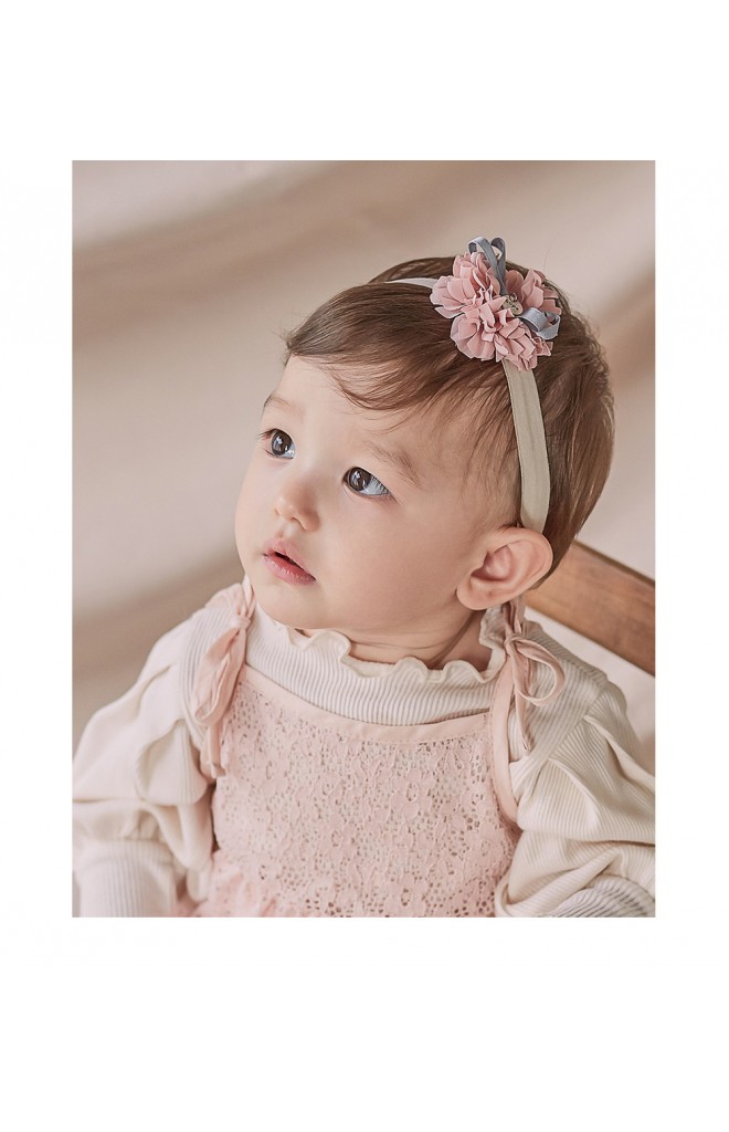 สายคาดผมดอกไม้กลีบซ้อนสีชมพูกลีบบัวแต่งโบว์เทา