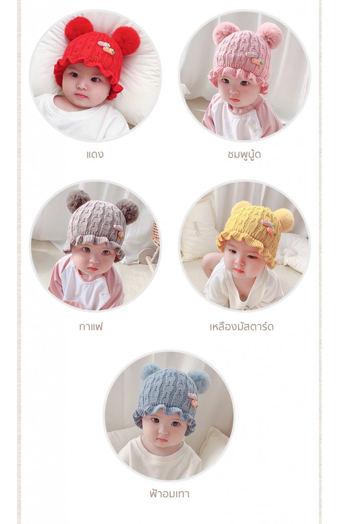 หมวกไหมพรมขอบระบาย แต่งจระเข้น้อย ด้านบนมีปอมปอม