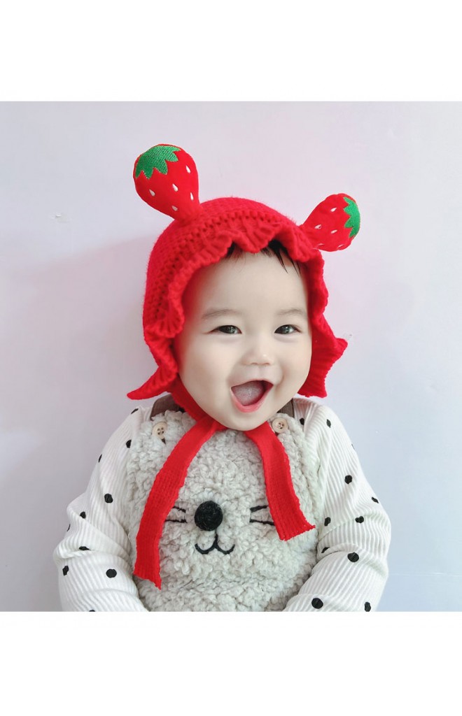 หมวกผูกคางไหมพรมผลไม้ ชายระบายน่ารัก