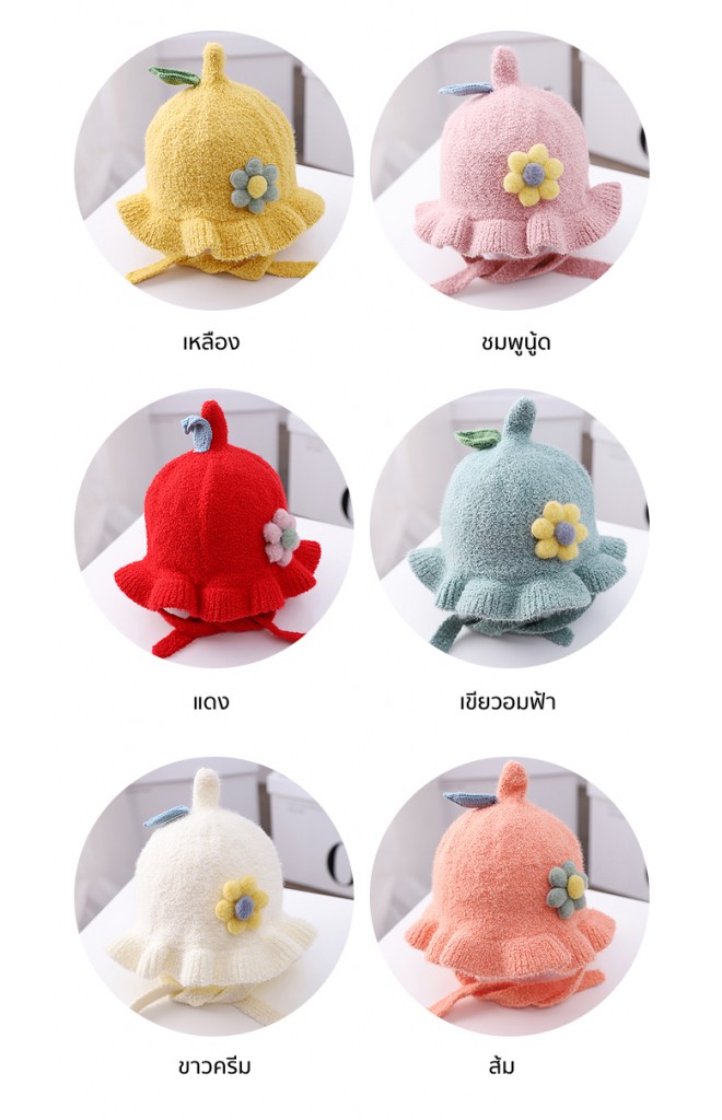 หมวกกันหนาวไหมพรมฟูรอบระบายแต่งดอกไม้นูน