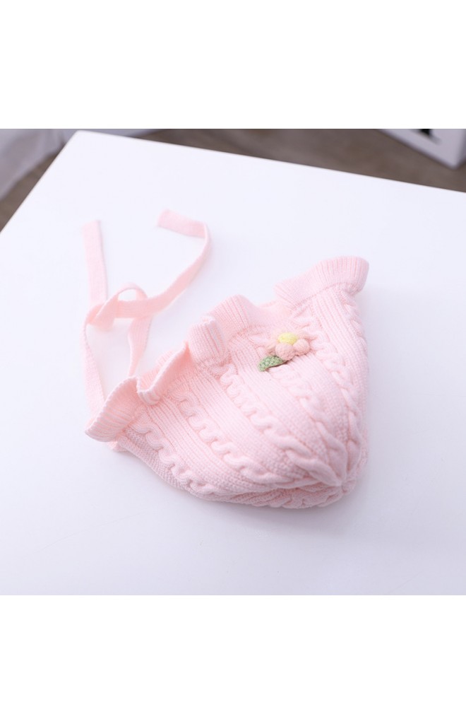 หมวกผูกคางไหมพรมลายสวยแต่งดอกไม้น่ารัก