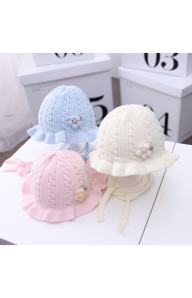 หมวกผูกคางไหมพรมลายสวยแต่งดอกไม้น่ารัก