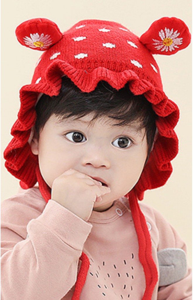หมวกผูกคางไหมพรมลายเดซี่ หมวกผูกคางไหมพรมลายเดซี่