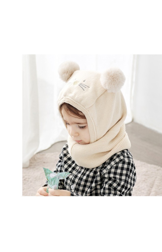 หมวกแมวน้อยแต่งปอมปอม หมวกโม่งเด็กใส่กันหนาว