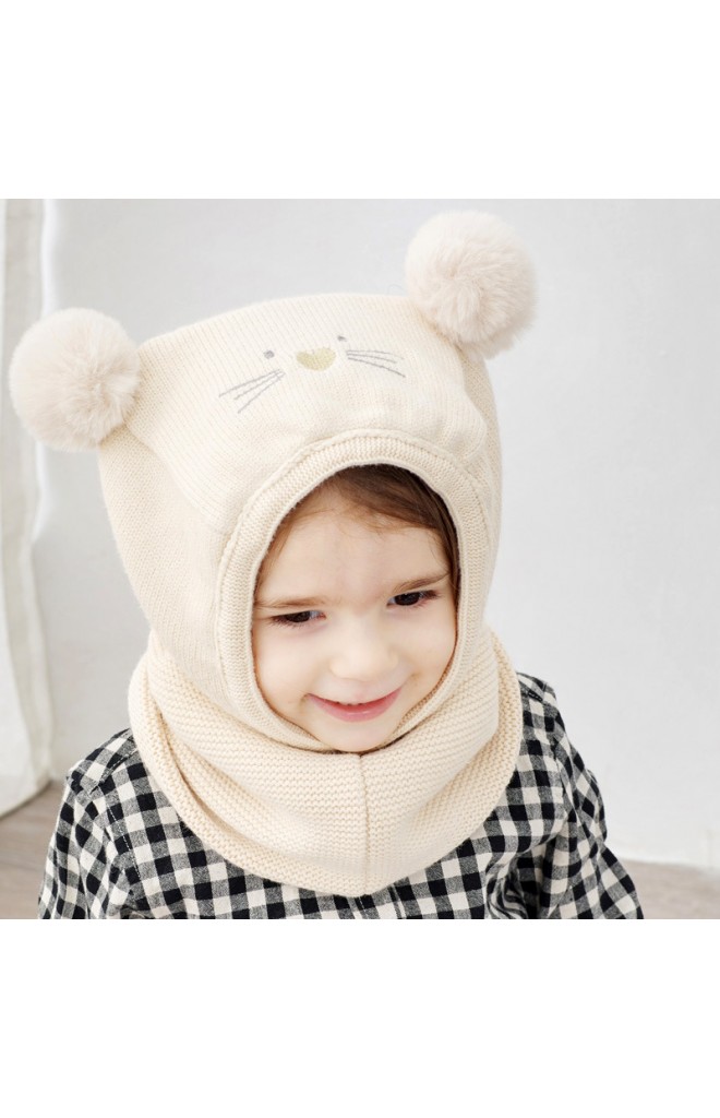 หมวกแมวน้อยแต่งปอมปอม หมวกโม่งเด็กใส่กันหนาว