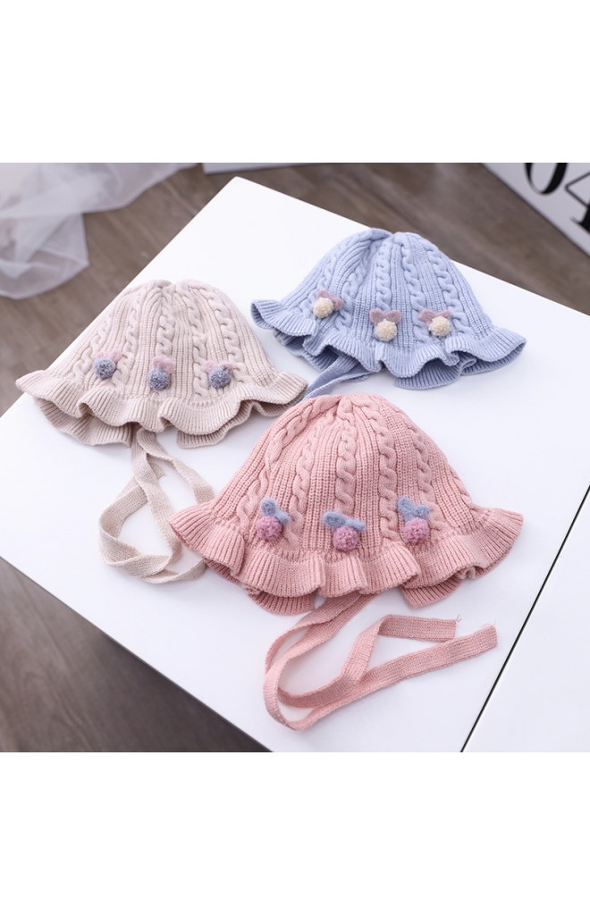 หมวกผูกคางไหมพรมลายสวยแต่งปอมปอมโบว์น่ารัก