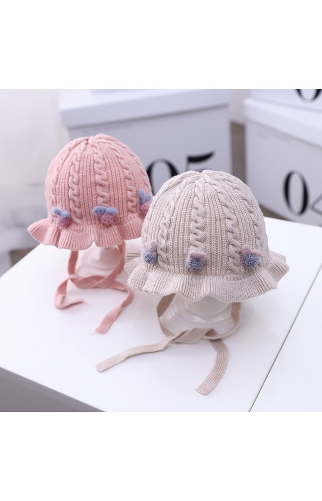 หมวกผูกคางไหมพรมลายสวยแต่งปอมปอมโบว์น่ารัก