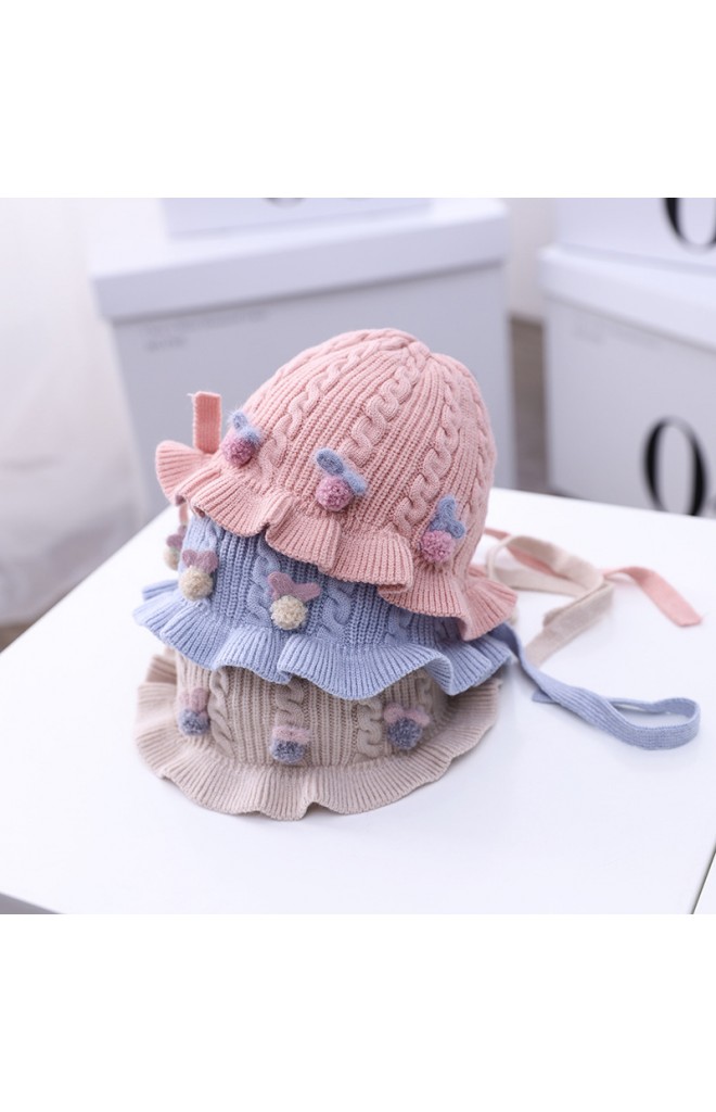 หมวกผูกคางไหมพรมลายสวยแต่งปอมปอมโบว์น่ารัก