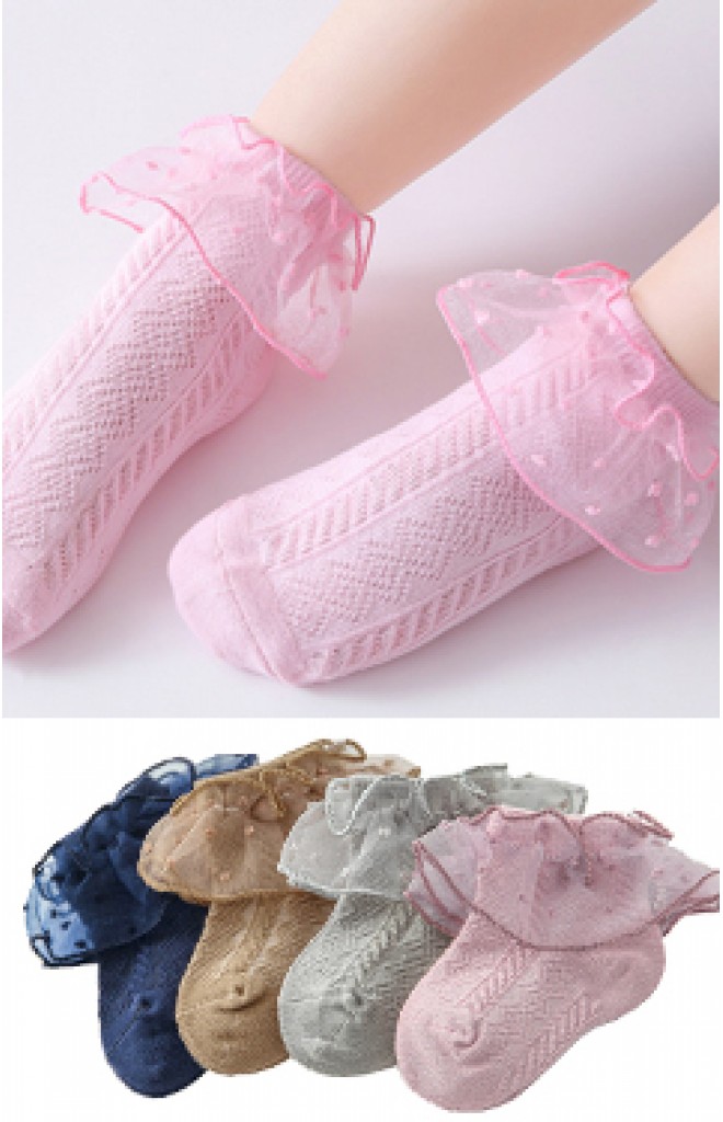 ถุงเท้าเด็กหญิงขอบระบายผ้าโปร่งลายจุด
