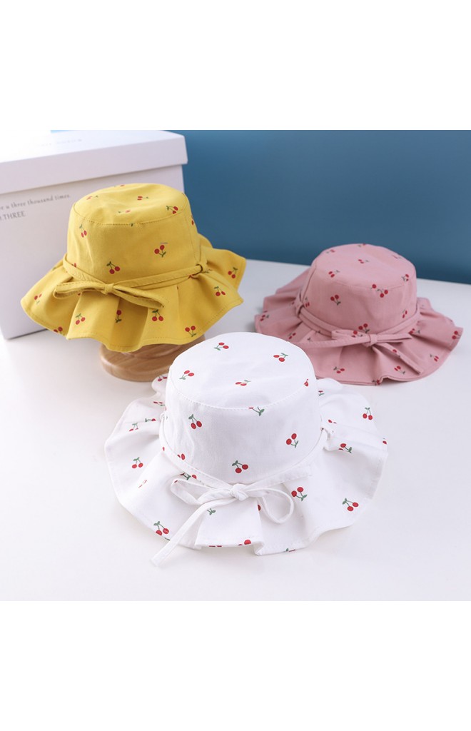 หมวกปีกกว้างลายเชอรี่ ขอบหมวกจับจีบ ขอบผูกโบว์น่ารัก