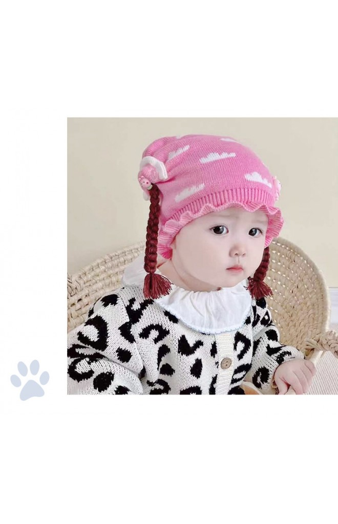 หมวกเปียลายเมฆแต่งตุ๊กตาสัตว์น่ารัก ขอบระบาย