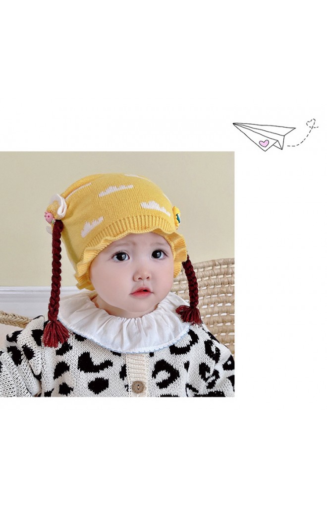 หมวกเปียลายเมฆแต่งตุ๊กตาสัตว์น่ารัก ขอบระบาย